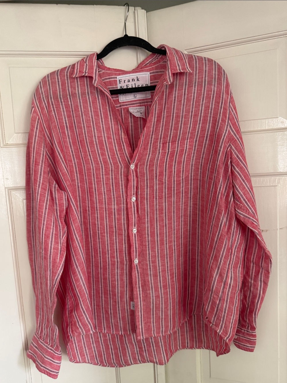 Frank & Eileen Eileen Linen Red and White Striped Button-Down Shirt size Large